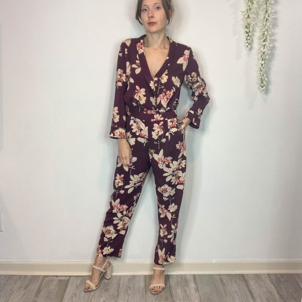 ZARA floral jumpsuit long sleeve faux wrap pockets straight leg boho 70s 2408